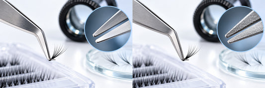 Side-by-side inspection of 45-degree smooth-tip and textured fiber-tip lash tweezer contact faces.