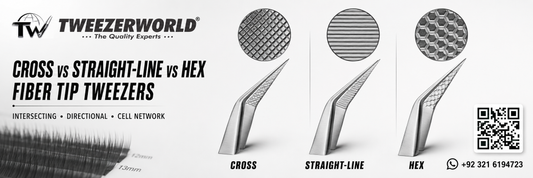 Cross, straight-line and hex inner-tip textures compared on three professional fiber tip lash tweezers.