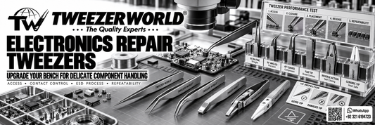 Electronics repair tweezers for PCB rework with straight, angled, curved, flat, reverse-action and ceramic-tip models