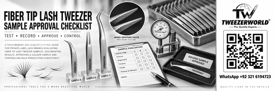 Fiber tip lash tweezer sample approval checklist showing texture, alignment, tension testing, golden-sample approval and bulk-production inspection