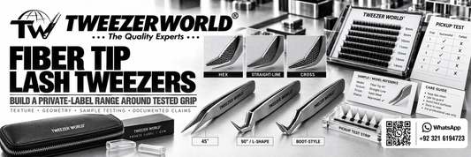 Private-label fiber tip lash tweezers with Hex, Straight-Line and Cross textures undergoing documented pickup testing