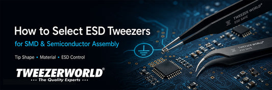 ESD-safe precision tweezers handling SMD components during semiconductor and circuit-board assembly.