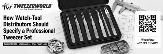 Professional watchmaker tweezer set with straight, ultra-fine, curved and non-marring tools beside a movement, specification sheet and inspection gauge.