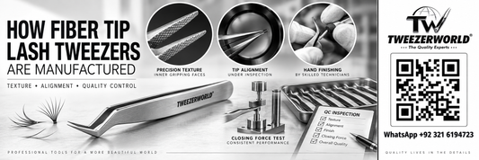 Fiber tip lash tweezers undergoing inner-tip texturing, alignment, tension testing and batch quality-control inspection.