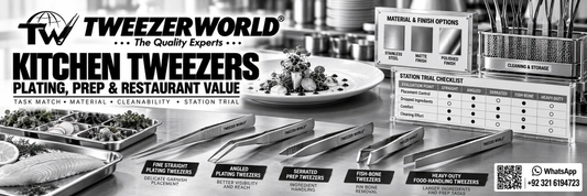 Kitchen tweezers for restaurant plating, preparation, fish-bone removal and controlled ingredient handling.
