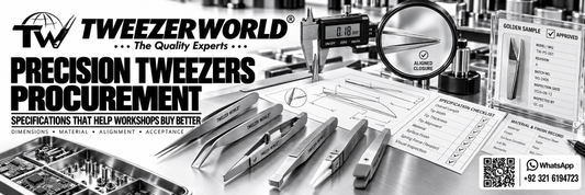 Precision tweezer procurement inspection with dimensional measurement, aligned closure, technical specifications and approved golden sample