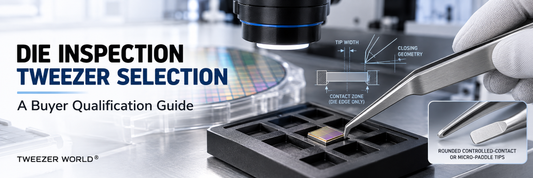 Die inspection tweezer selection showing controlled edge contact, tip width, closing geometry and semiconductor handling under magnification.