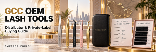 GCC OEM lash tools for distributors and private-label brands with professional lash tweezers, branded case and retail packaging.