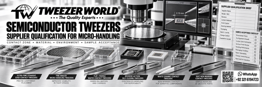 Semiconductor micro-handling tweezers with protected wafer samples, microscope inspection and supplier qualification records.