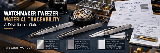 Watchmaker tweezers in stainless steel, titanium and replaceable non-marring materials with certificates, technical drawings and batch-traceability records