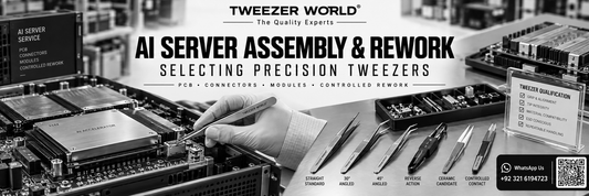 Precision tweezers for AI server PCB assembly, connector work and controlled rework evaluation.