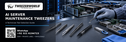 ESD-safe precision tweezers beside an AI server board, GPU module, optical transceiver and technician inspection tray.