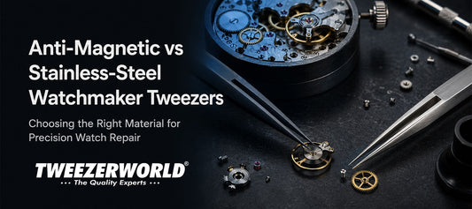 Anti-magnetic and stainless-steel watchmaker tweezers handling precision watch movement components.