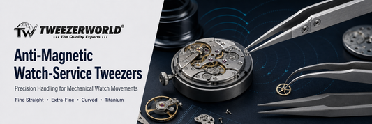 Anti-magnetic watch-service tweezers handling delicate mechanical watch movement components.
