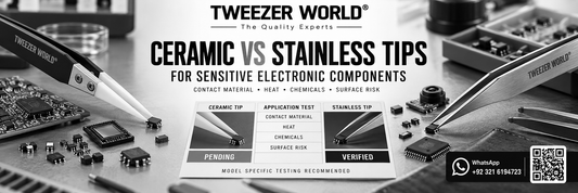 Ceramic versus stainless tweezer tips for sensitive electronic components with model-specific test comparison.
