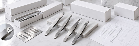 Custom logo precision tweezers and branded white-box packaging prepared for artwork approval.