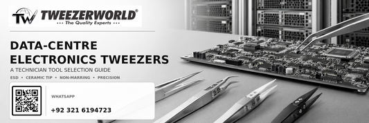 Data-centre electronics technician selecting ESD, stainless-steel, ceramic-tip and non-marring precision tweezers beside server and PCB components.