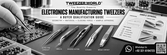 Electronics manufacturing tweezers qualification with PCB, sample approval record and precision tool geometries.
