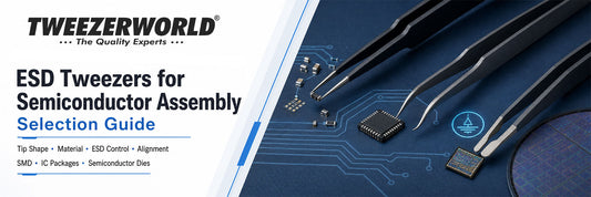 ESD tweezers with fine, curved and flat tip profiles for SMD, IC-package and semiconductor-die handling.
