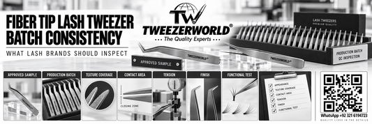 Fiber tip lash tweezer production batch inspection comparing texture coverage, contact area, tension, finish and functional performance with an approved golden sample.