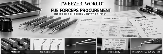 FUE forceps procurement evaluation with intended-use statement, material verification, tip geometry, sample test and traceability records.