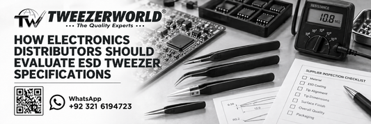 Electronics distributor inspecting ESD tweezers with a resistance meter, dimensional drawing, PCB and supplier quality checklist.