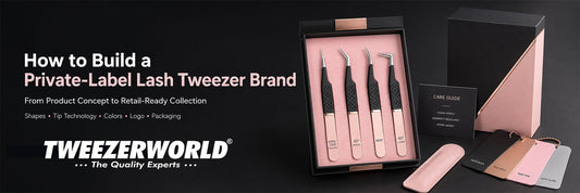 Private-label lash tweezer collection with custom shapes, colors, magnetic packaging, care guide and finish samples.