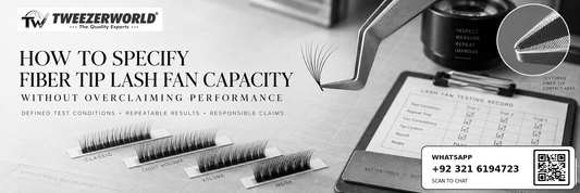Fiber tip lash fan-capacity testing guide with TWEEZER WORLD logo, WhatsApp QR code and documented inspection records.