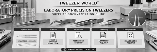 Laboratory precision tweezers with supplier specification, material, inspection, traceability and change-control documentation.