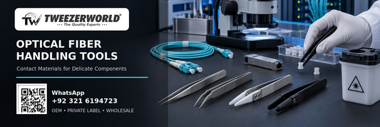 Precision optical-fiber handling tweezers with stainless-steel, titanium, ceramic and non-marring tips beside fiber connectors and an inspection microscope.