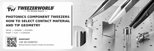Photonics component tweezers with ceramic, polymer and metal tips beside a micro lens, optical sensor, fibre ferrule and coated filter.