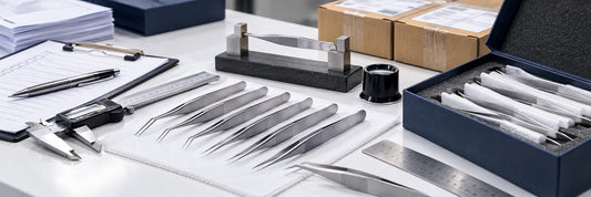Precision tweezer RFQ inspection and dispatch workflow with measurement, quality-control records and export packaging.
