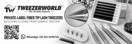 Private-label fiber tip lash tweezers undergoing sample testing for texture, alignment, spring tension and fan-building performance.