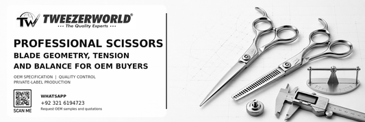 Professional scissors with blade-geometry drawing, pivot-tension inspection, balance check and OEM specification sheet.