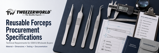 Reusable stainless-steel forceps procurement specification with technical drawing, inspection checklist and packaging requirements.