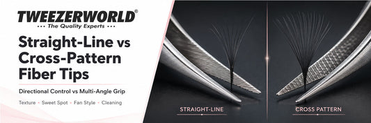 Straight-line and cross-pattern fiber-tip lash tweezers compared by grip texture, sweet spot and fan style.
