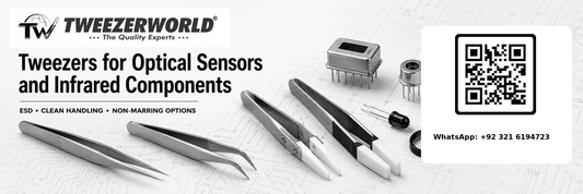 Precision tweezers for packaged optical sensors, photodiodes and infrared components in an ESD-controlled electronics workspace.