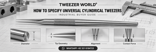 Universal cylindrical precision tweezers with diameter, tip geometry, alignment and contact-force inspection.