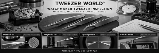 Watchmaker tweezers undergoing material identification, magnetic-response, tip-alignment and contact-force evaluation.