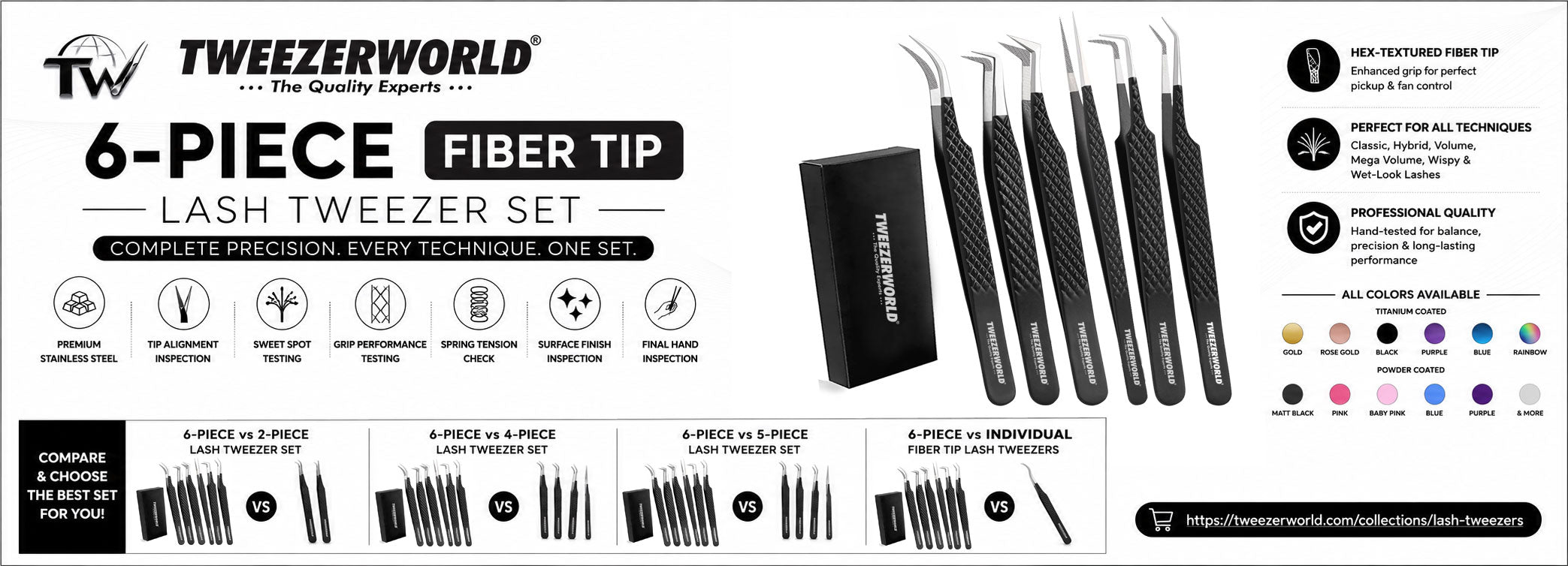 6-Piece Fiber Tip Lash Tweezer Set | Professional Lash Tweezers