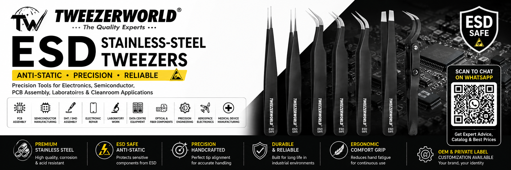 ESD Stainless-Steel Tweezers | Anti-Static Precision Tweezers