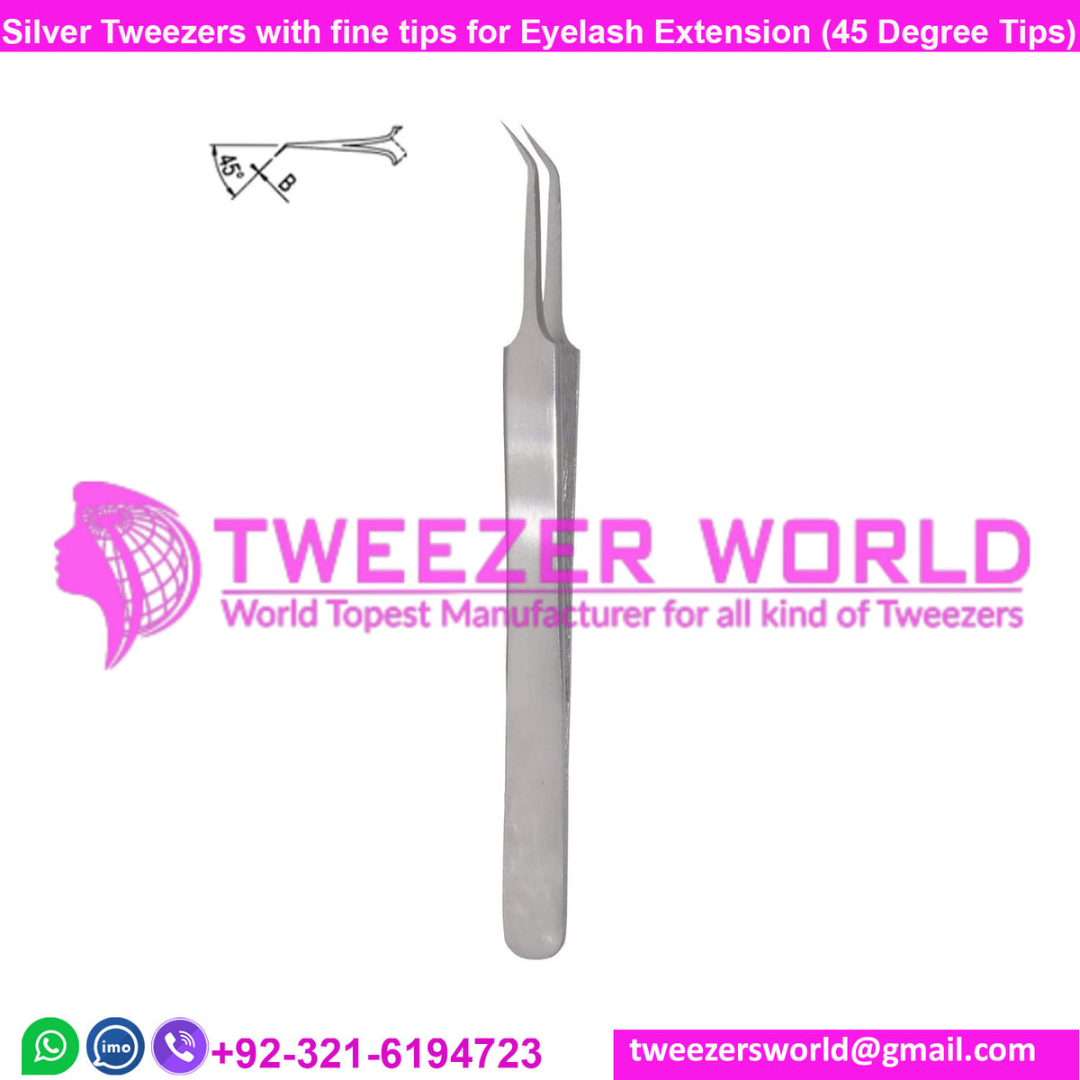 Silver A Type Tweezers with fine tips for Eyelash Extension 45 Angle