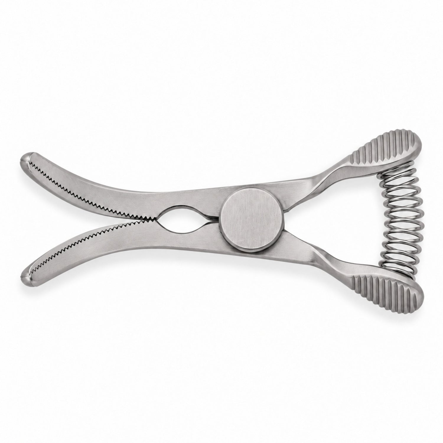 DeBakey Glover Bulldog Clamp – Curved, 15 mm Jaw — top view, catalogue illustration on white background