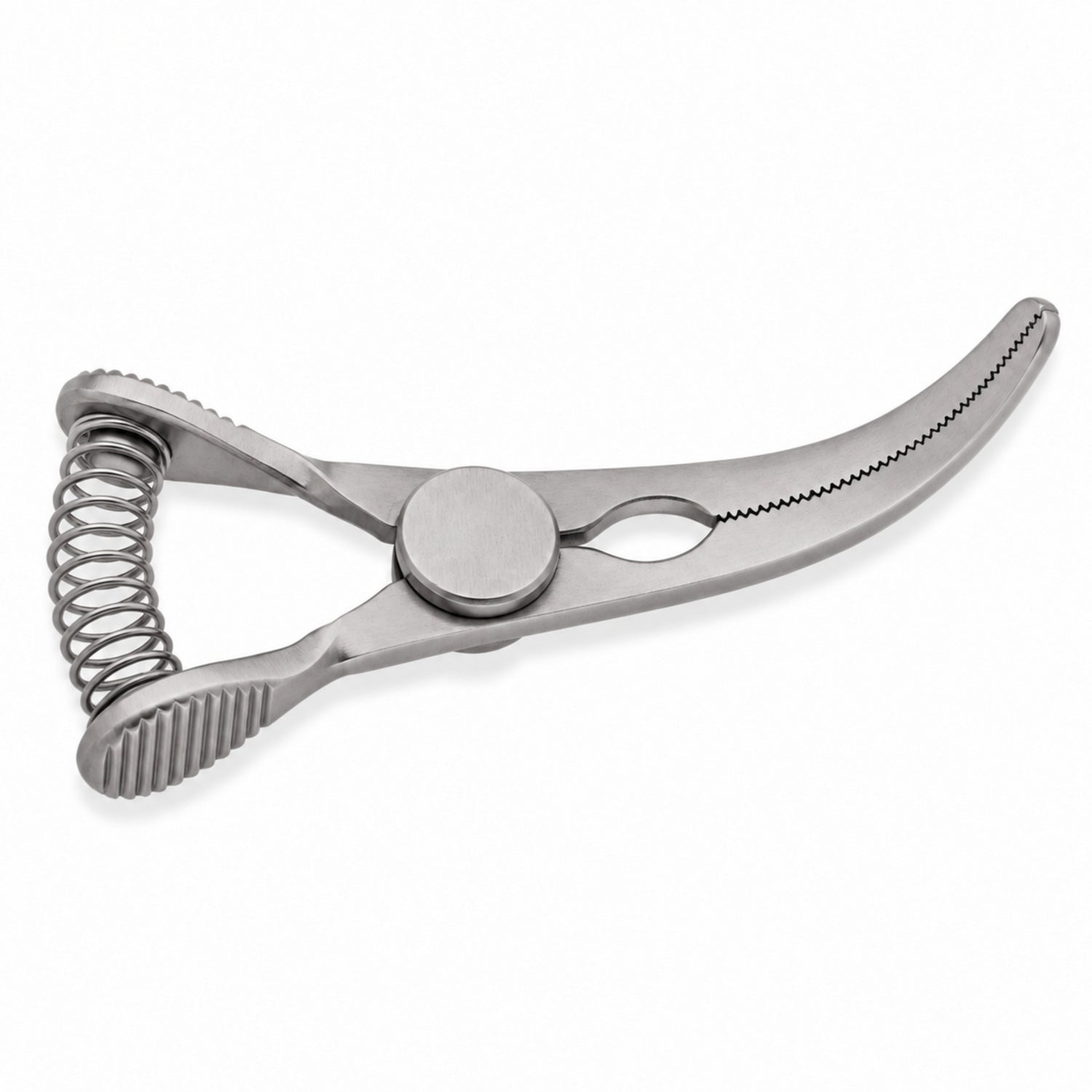 DeBakey Glover Bulldog Clamp – Curved, 15 mm Jaw — reverse three-quarter view, catalogue illustration on white background