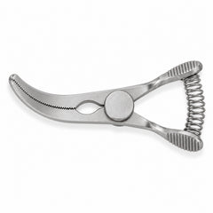 DeBakey Glover Bulldog Clamp – Curved, 25 mm Jaw — top view, catalogue illustration on white background