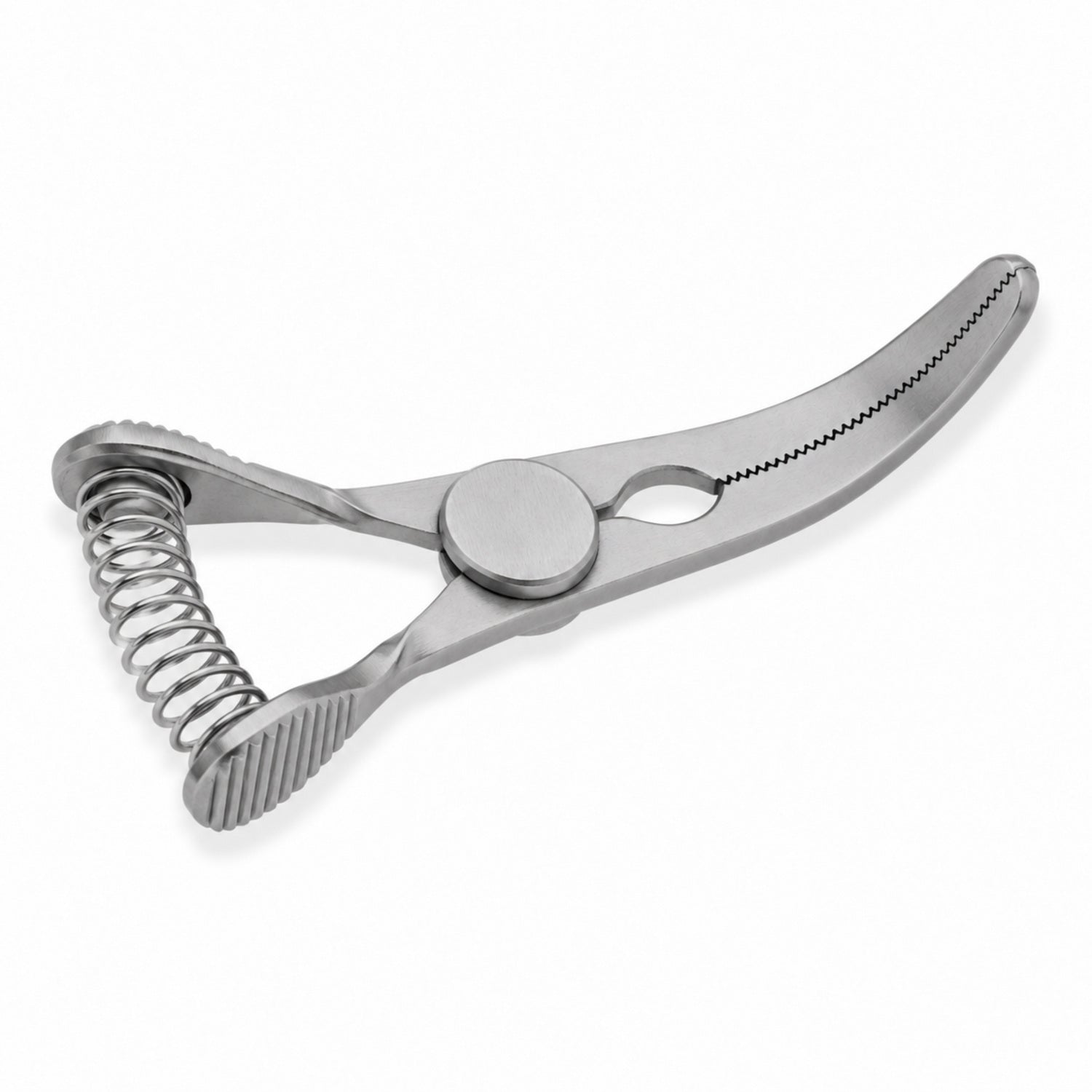 DeBakey Glover Bulldog Clamp – Curved, 25 mm Jaw — reverse three-quarter view, catalogue illustration on white background