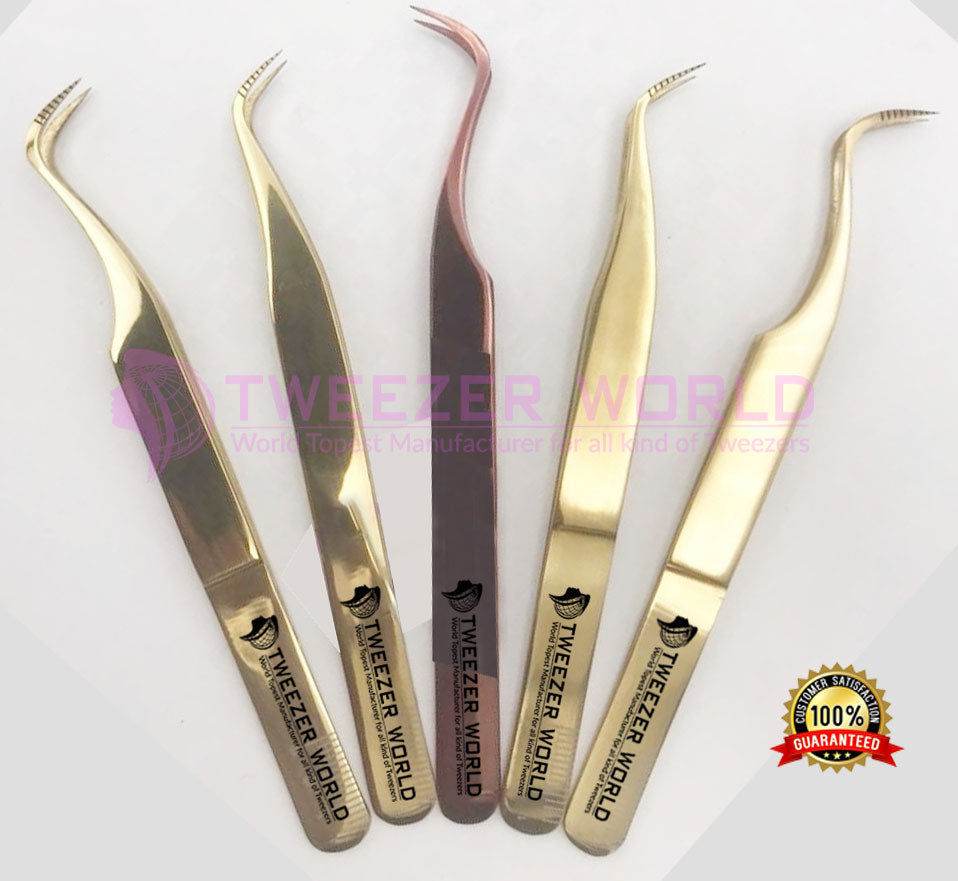 5 Pcs Titanium Rose Gold With Fiber Tip Eyelash Extension Tweezers Set