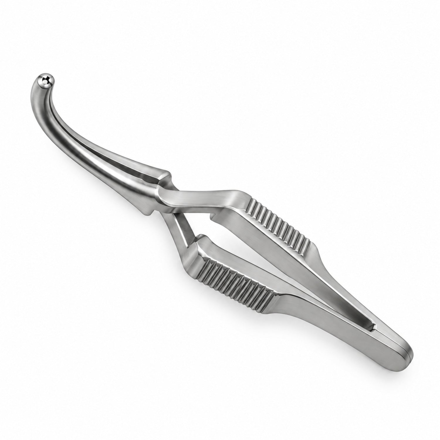 DeBakey Cross-Action Bulldog Clamp – Curved, 16 mm — top view, catalogue illustration on white background