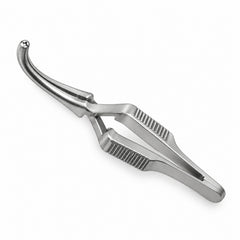 DeBakey Cross-Action Bulldog Clamp – Curved, 16 mm — top view, catalogue illustration on white background
