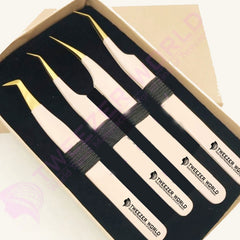 4 Powder Coated Nude Color with Stainless Steel Tip Eyelash Extension Tweezers Set